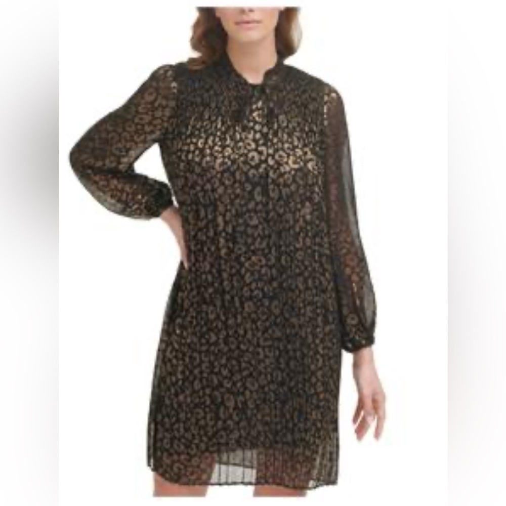 DKNY Womens Metallic Pleated Ruffled Sheer Lined Dress